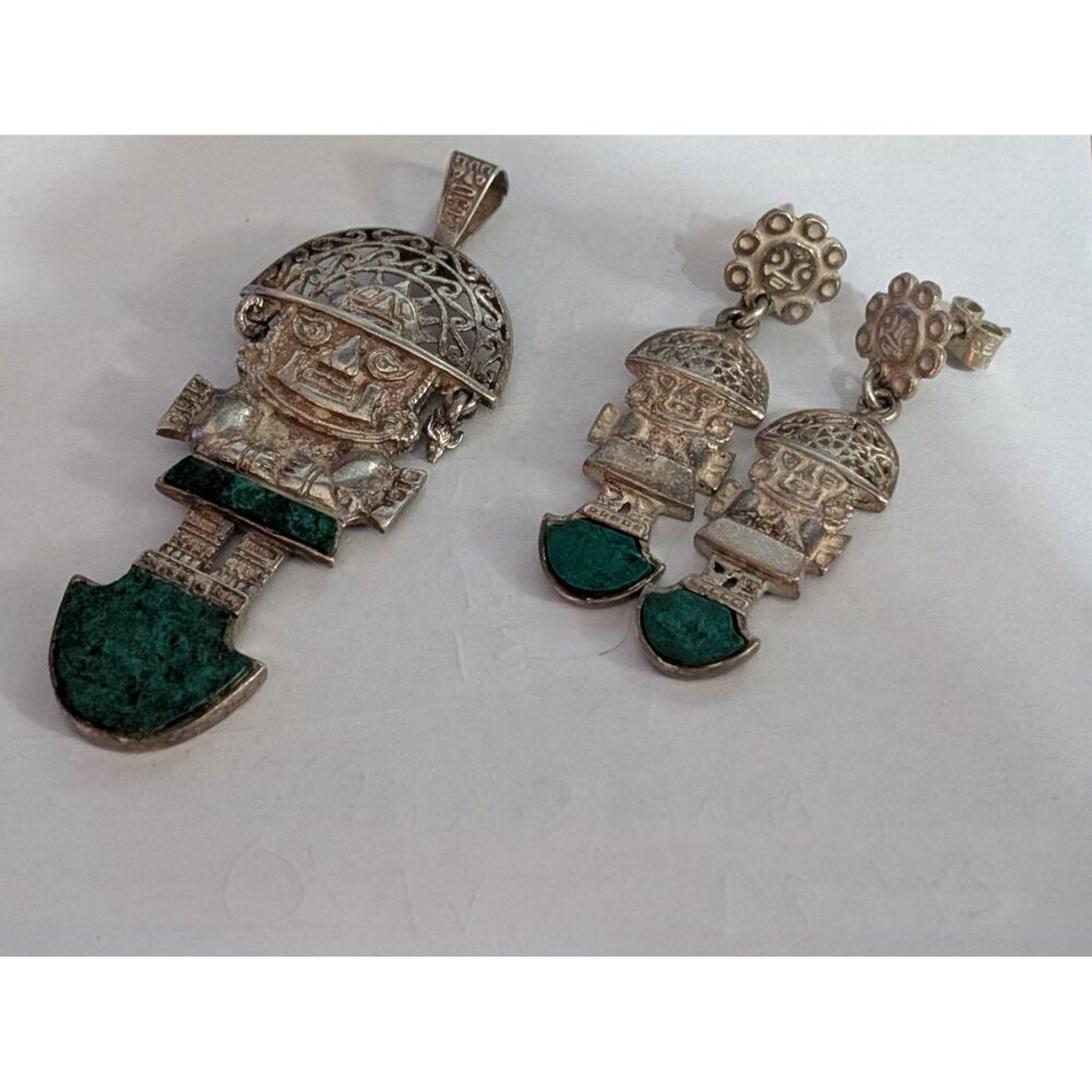 Peruvian Sterling Silver & Turquoise Inca Warrior Pendant & Earrings Set